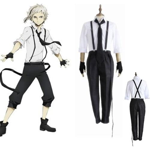 NEW Bungo Stray Dogs Atsushi Nakajima Cosplay Costumes Shirts Pants Tie Gloves Set Anime Clothing