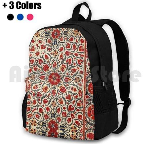 Bokhara Suzani Uzbekistan Colorful Embroidery Print Outdoor Hiking Backpack Waterproof Camping Travel Vintage Vintage Rug