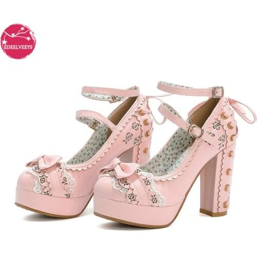 Spring Autumn Ladies Vintage Super High Heels Platform Lolita Shoes Cute Bow Lace Princess Mary Janes Party Buckle Women Pumps