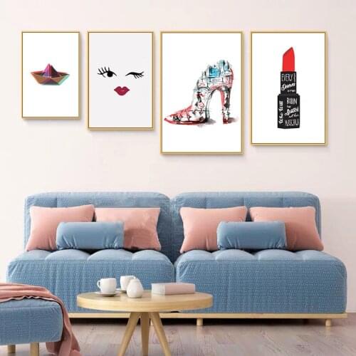 Moderne Lippenstift Poster Minimalistischen Wand Kunst Make-Up Leinwand Malerei High Heels Bild Nordic Stil Wohnzimmer Schlafzim