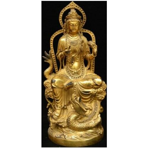 Old Chinese Buddhism Brass Gilt Dragon Kwan-yin Guan Yin Boddhisattva God Statue