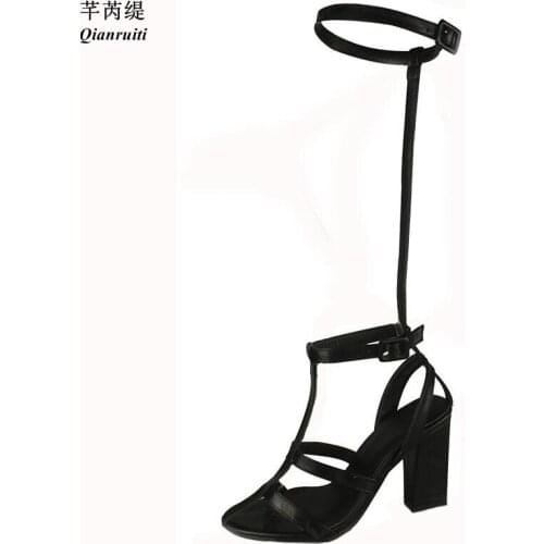 Qianruiti Celebrity Dress Knee High Sandal Boots T-Strap Block High Heels Gladiator Peep Toe Long Sandals Summer Runway Shoes