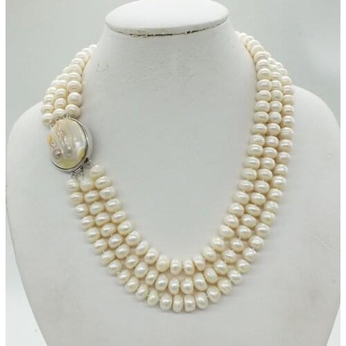3 rows 8-9MM pearl necklace, classic, beautiful, bridal wedding necklace jewelry