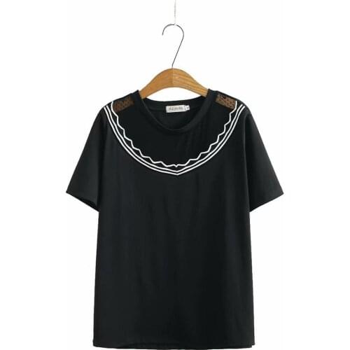 Plus size Lace hollow out collar solid black elastic women loose tshirts 2020 new summer casual ladies soft t shirts female tops