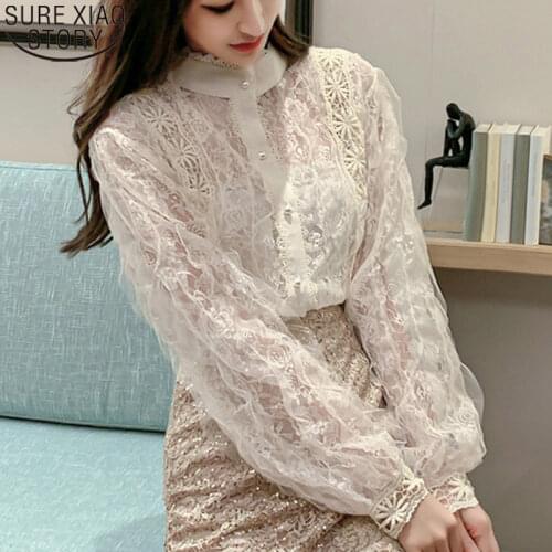 Women Palace Style Lace Shirt 2021 Korea Chic Lace Blouse Stand Collar Pearl Button Tops Female Long Sleeve Female Shirt 12929