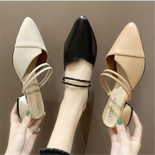 Party Women Mules Slipper Pointed Toe Block Strap Closed Shallow High Heels Shoes Sandals Black Beige Square heel Pumps