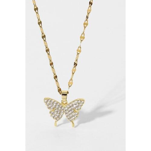 Elegant Full Zircon Butterfly Pendant Necklace For Women 18K Gold Plated Stainless Steel Chokers Necklace Party Jewelry
