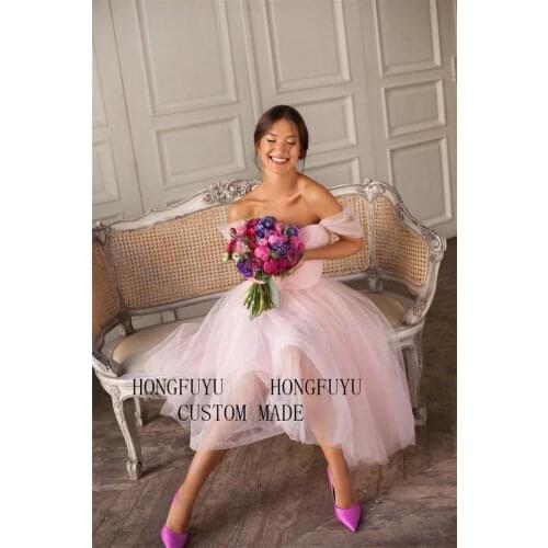 Pink Prom Dress Off the Shoulder Tea Length Celebrity Wedding Party Dress for Graduation vestidos de fiesta платье на выпускной