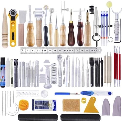 83Pcs DIY Leather Stitching Tool Hand Sewing Kit with Prong Hole Punch Edge Stamping Creaser Groover Awl Leathercraft Tools Set