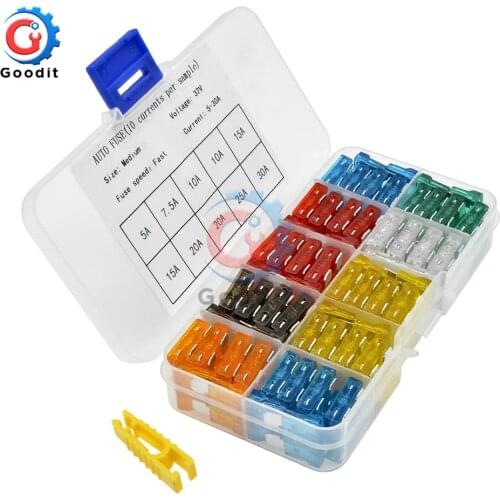 100PCS Medium Size Car Fuses 5A 7.5A 10A 15A 20A 25A 30A Amp with Box Clip Assortment Auto Blade Type Fuse Set Truck Zinc Alloy