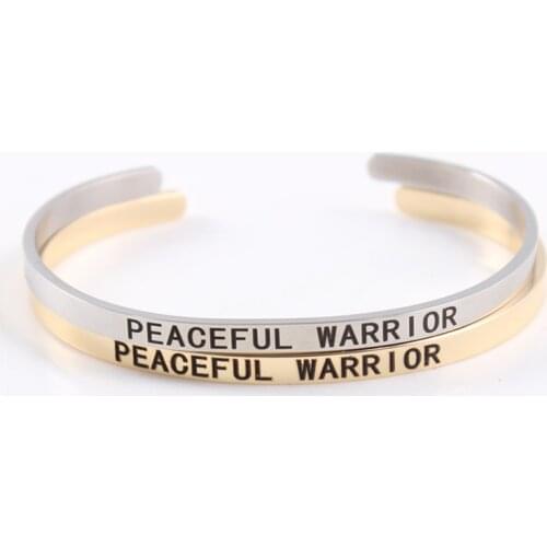 3 Color Titanium Stainless Steel PEACEFUL WARRIOR Open Cuff Bangles Bracelet for Men Women Fashion Jewelry