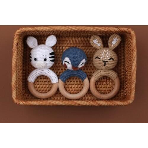Baby Rattle Crochet Animal Baby Teether Wooden Ring Handmade Wood Teething Toy 63HE
