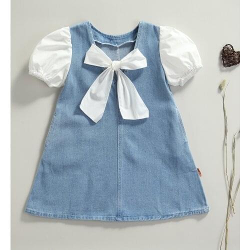 Kids Dress Girls Bowknot V-Neck Short Puff Sleeve Stitching Denim Dresses for Summer Women Clothes
