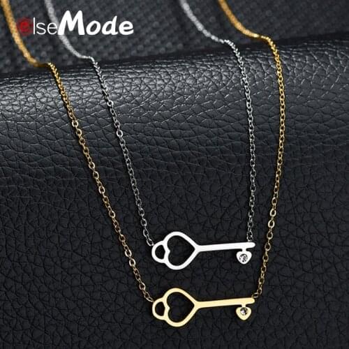 ELSEMODE New Arrival Heart Key Pendant Necklace For Women Hollow Stainless Steel Collier with Link Chain Wedding Gifts