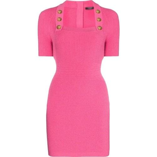 HarleyFashion Women Summer Short Sleeve Square Collar High Quality Slim Above Length Street Style Pink Knitting Dress