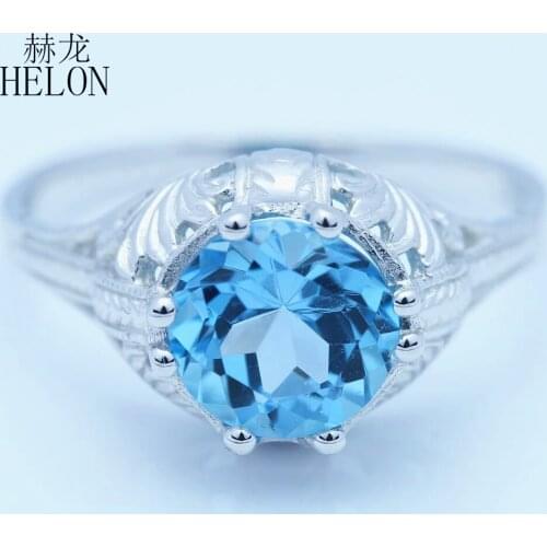 HELON Sterling Silver 925 Flawless Round 8mm Genuine Blue Topaz Engagement Ring Women Vintage Style Fine Jewelry Genstone Ring