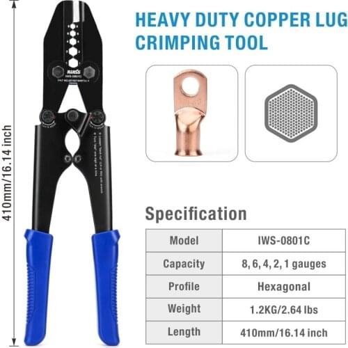 IWS-0801C Battery Cable Compression Lug Crimping Tool from AWG 8-1 with Built-in Cable Cutter Heavy Duty Crimper Plier