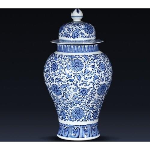 Jingdezhen Antique Blue And White Porcelain temple Jar Storage jar Decoration New Chinese Living Room porcelain jar vase
