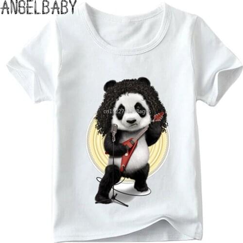 Fashion Print Rocker Panda Children Funny T shirt Boys and Girls Summer Casual Tops Kid Soft White T-shirt,ooo2033