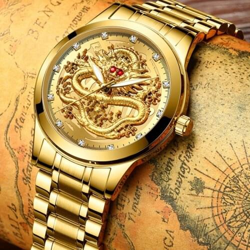 Top Brand Luxury Golden Watch Male Quartz Waterproof Wristwatch Chinese Dragon Design Business Men Watches Relogio Masculino