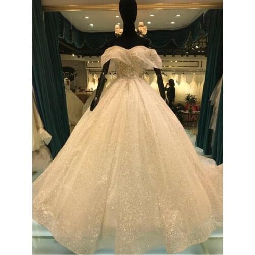 2021 New Off The Shoulder Neck Wedding Dress Shining Sequins Lace Bridal Ball Gown Custom Made Vestido De Noiva