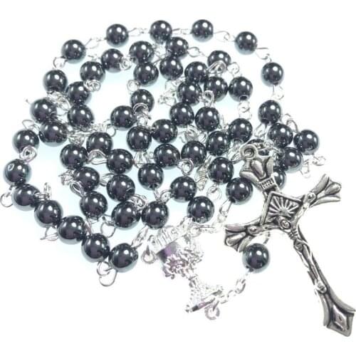 Hematite Bead Saint Benedict Rosary Jesus Christ Pendants Necklace