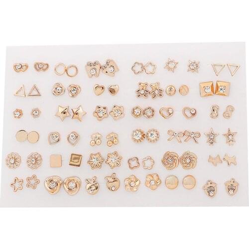 36Pairs/Set Gold Color Earrings Mixed Styles Rhinestone Flower Geometric Heart Star Plastic Stud Earrings Set For Women Jewelry