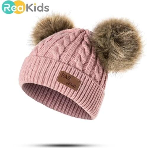 REAKIDS Beanies Baby Hat Pompon Winter Children Hat Knitted Cute Cap For Girls Boys Casual Solid Color Girls Hat Baby Beanies