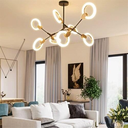 Modern Led Chandelier Acrylic Circles Lustre Lighting Fixture Wood Lamp Led Drop Light Ceiling Pendant Chandelier
