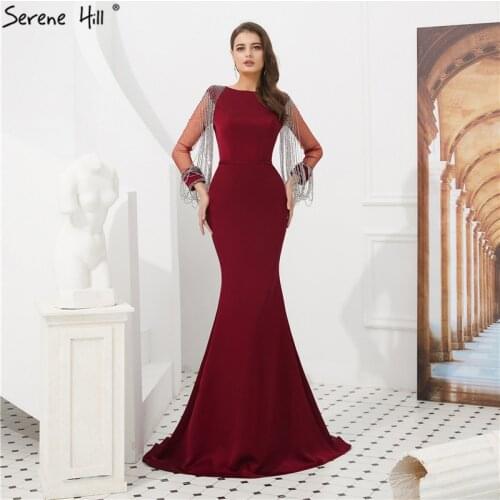 Sexy Sheer Long Sleeve Mermaid Evening Dresses Wine Red Tassels Formal Gown Robe De Soiree BLA6219