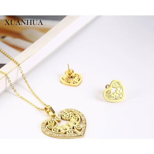 XUANHUA Heart Charm Necklace Earrings Set Stainless Steel Jewelry Woman Vogue 2019 Jewelry Accessories Bohemian Chain