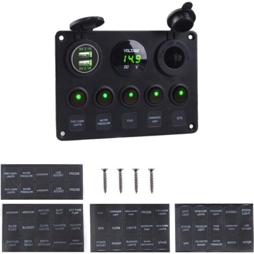 Dual USB Socket Charger LED Voltmeter 12V Power Outlet 5 Gang ON-OFF Toggle Switch Panel for Car Boat Marine RV Truck