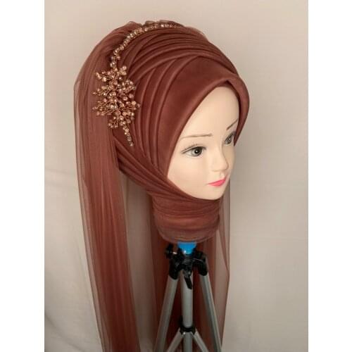 Womens Copper Color Muslim Hijab Scarf Ready to Wear Turban Islamic Headscarf Female Head Wraps lycra tulle Shawl wedding party