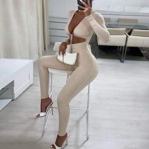 Rompers Women Jumpsuit Casual White Long Sleeve Sexy Hollow Out Lace Up Bodycon Jumpsuits 2021 Femme Workout Overalls