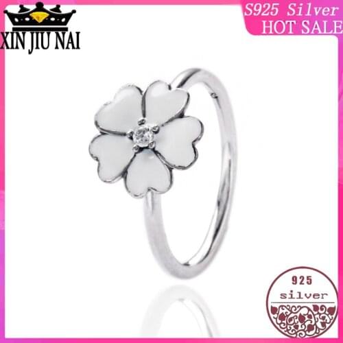 100% S925 Sterling Silver Ring Retro Black Thai silver oxide epoxy sakura rings for women mosaic Cubic Zircon jBrand Jewellery