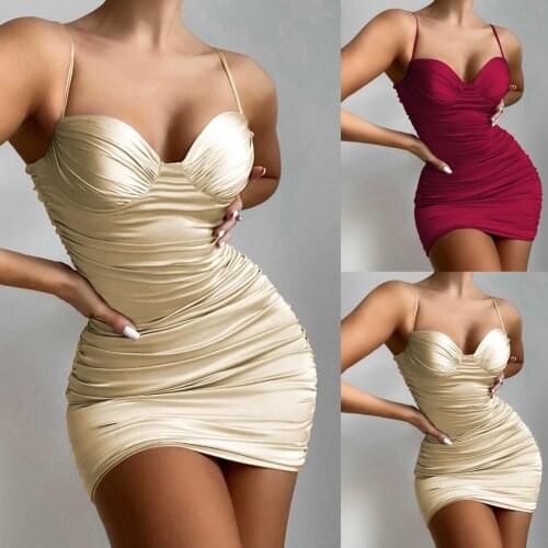 Womens Dress Sexy Breast wrap Bodycon Low Cut With Pleated Spaghetti Strap Solid Slim Buttocks Party MiniDress y2k Clubwear