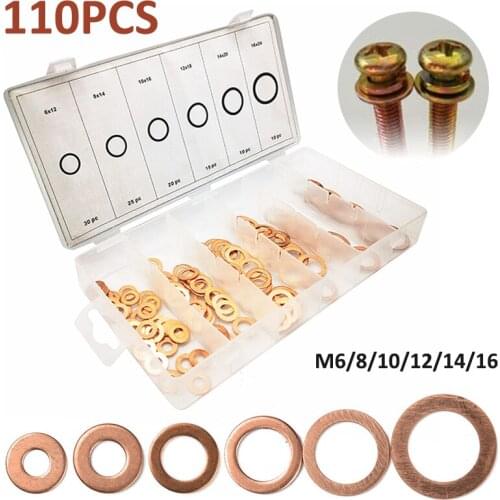 110Pcs/box New Solid Copper Washers Gaskets Flat Ring Plug Oil Seal Assorted Set Fastener Accessories for Pipes Pumps Valves