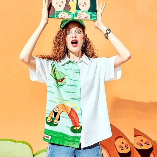 New summer young ladies cartoon print Blouses loose spliced patchwork shirt casual loose cartoon tunic shirts blouse NS121