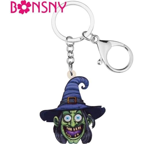 Bonsny Acrylic Halloween Magic Witch Keychains Key Ring Jewelry Gift For Women Handbag Wallet Charm Accessory Decoration Pendant