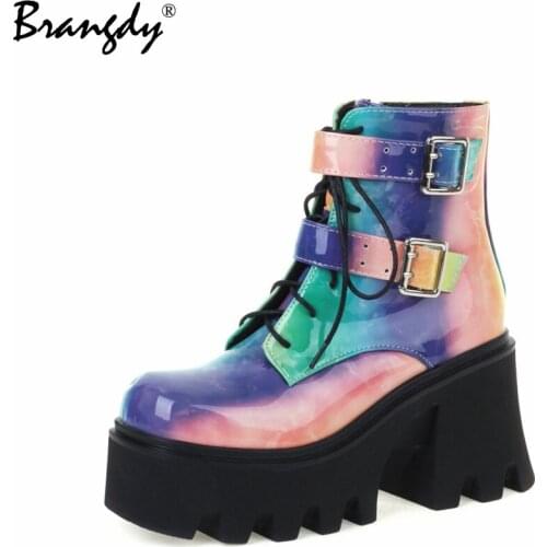 Brangdy Fashion Women Ankle Boots Hot PU Leather Chunky Platform Women Shoes Colorful Square Toe Women Winter Boots Fur Zipper