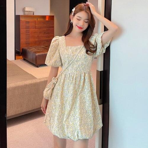 Floral Print Puff Short Sleeve Women Dress Party Short Ball Gown Dresses Elegant Flower Sweet Summer Party Elegant Dress