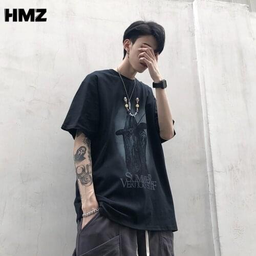 HMZ T-shirt Men Short-sleeved Tide Brand Oversize Cotton Ghost Printing Hip-hop T Shirt Half-sleeved Dark Streetwear Clothes Men