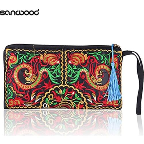 Hot New Women Handbag Purse Retro Embroidered Phone Coin Storage Zipper Bag with Tassel