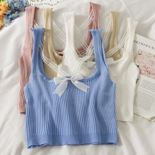 HELIAR Women Bow Knitted Plaid Crop Tops Female Straps Tank Tops Streetwear Camisole Cute Crop Tops For Women 2021 Summer