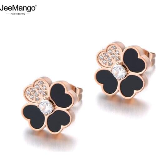 JeeMango Trendy Stainless Steel White/Black Shell Wedding Earrings For Women CZ Crystl Flower Earring For Christmas Gift JE19280