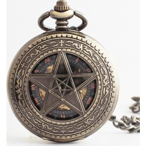 10pcs/lot Steampunk Bronze Hollowed Five-pointed Star Mechanical Pocket Watch Pendant Retro Skeleton Flip Pocket Watch