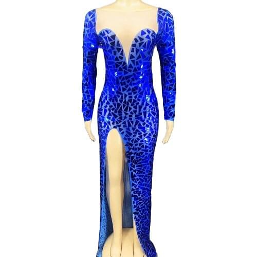 Royal Blue High Split Fork Dress Sparkling Mirror Sequins Decoration Long Sleeve Floor-Length Theatrical Costume For Women