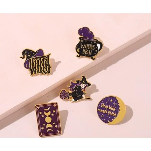 Lunar Eclipse Witch Hat Enamel Pins Magic Book Witch Backpacks Clothes Metal Badge Lapel Brooch Jewelry Halloween Gift Wholesale