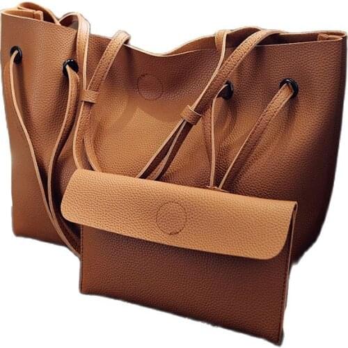 Fashion women bag solid color simple pu leather big tote mother handbags large shopping bag brown color composition bag set