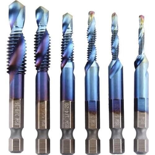 6 Pcs M3-M10 Titanium HSS Combination Drill Tap Bit Hex Shank Titanium Plated HSS Screw Thread Metric Tap Drill Bits Hand Tools